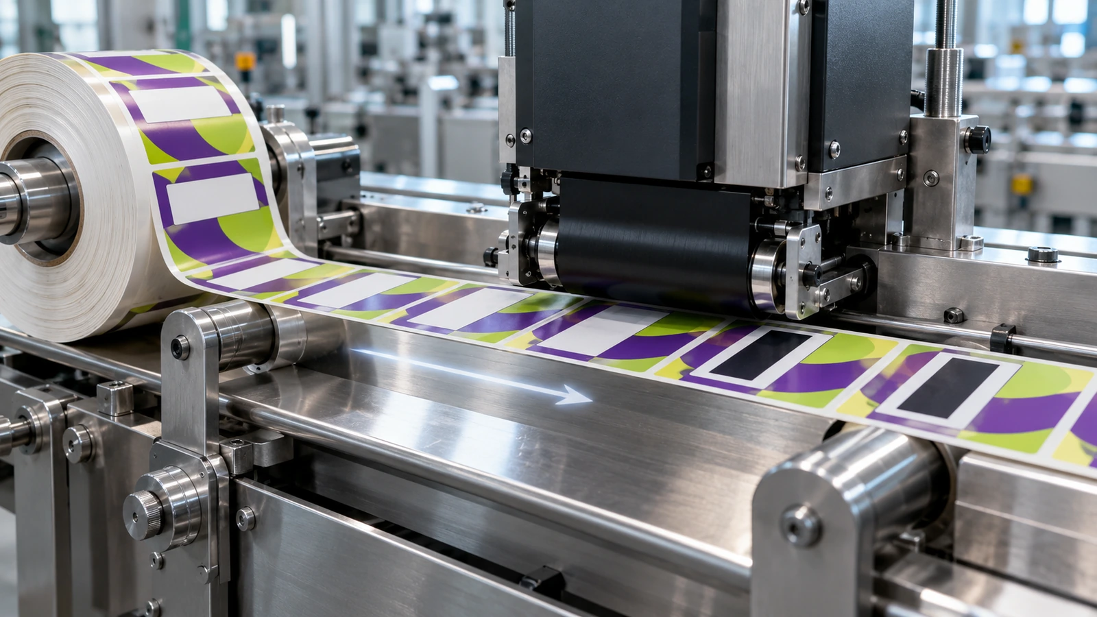 Gulungan label pracetak warna penuh terurai di bawah kepala cetak thermal transfer yang menambahkan pita kode gelap pada jendela kosong yang disediakan di setiap label
