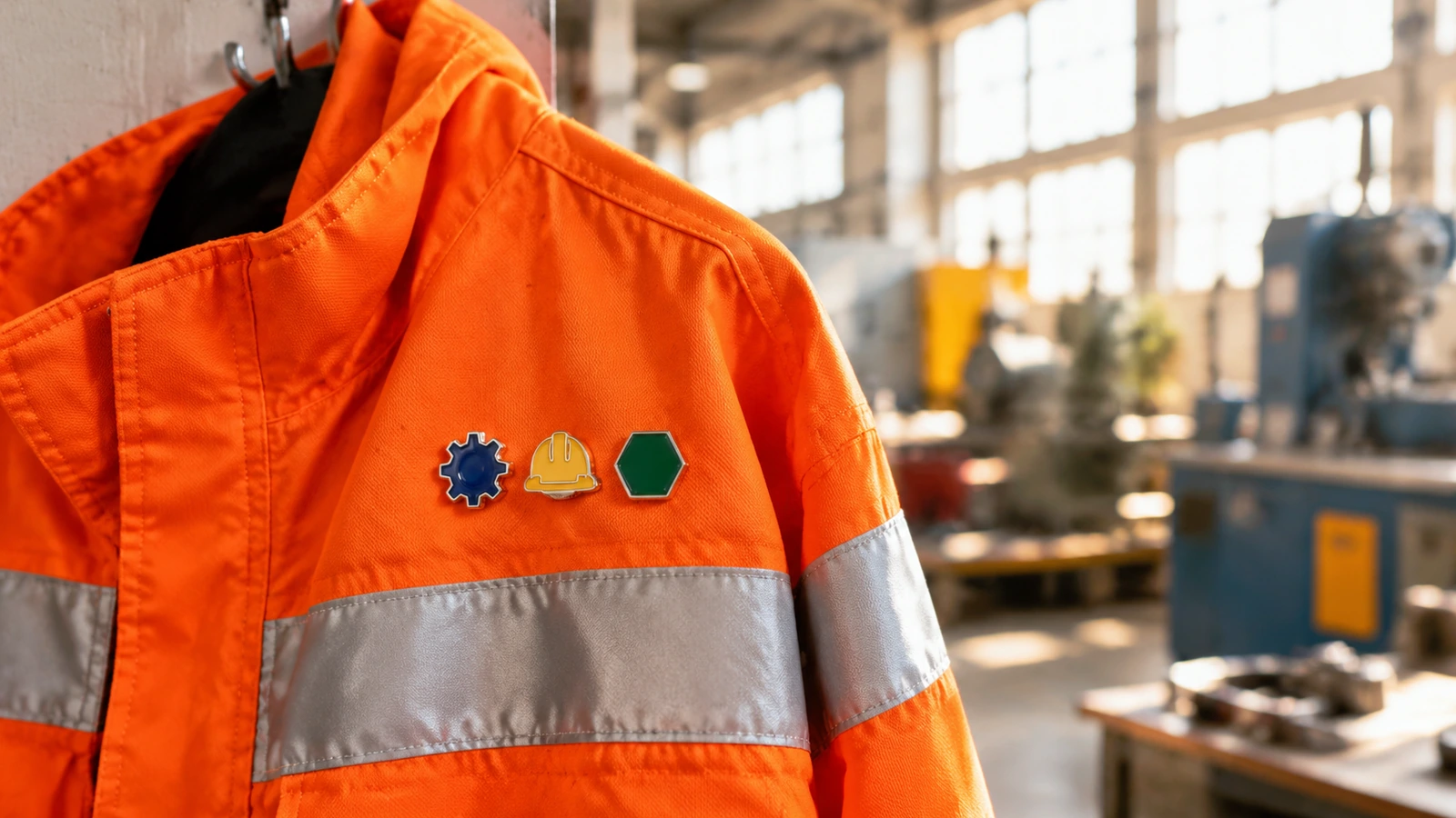 Pin enamel geometris polos pada jaket kerja berdaya lihat tinggi yang tergantung di bengkel industri yang terang