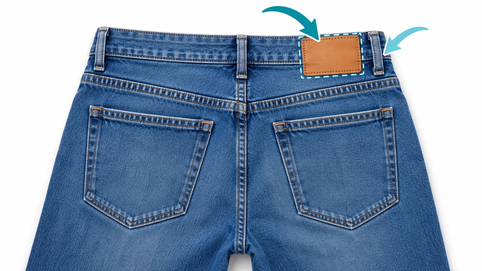 Tampak belakang jeans dengan emblem kulit di ban pinggang belakang kanan, dengan panah yang menunjukkan urutan penjahitan sebelum pasan ikat pinggang dikunci dengan bartack