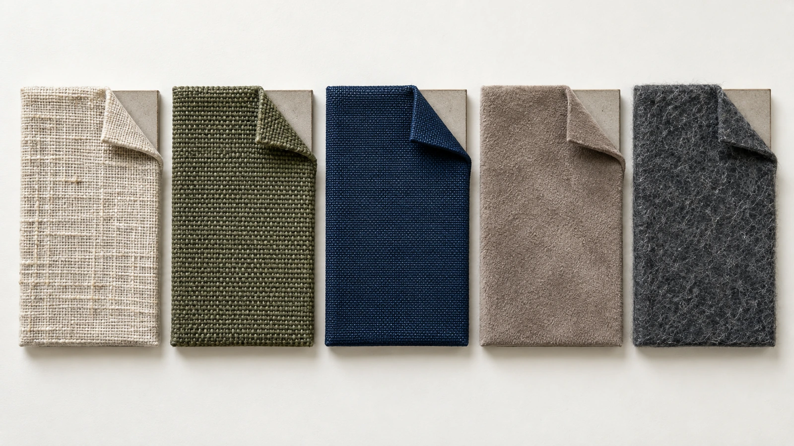 Lima kain sampul jurnal berdampingan: linen alami, kanvas katun, kain jilid berlapis, suede sintetis, dan felt PET daur ulang, memperlihatkan tekstur anyamannya