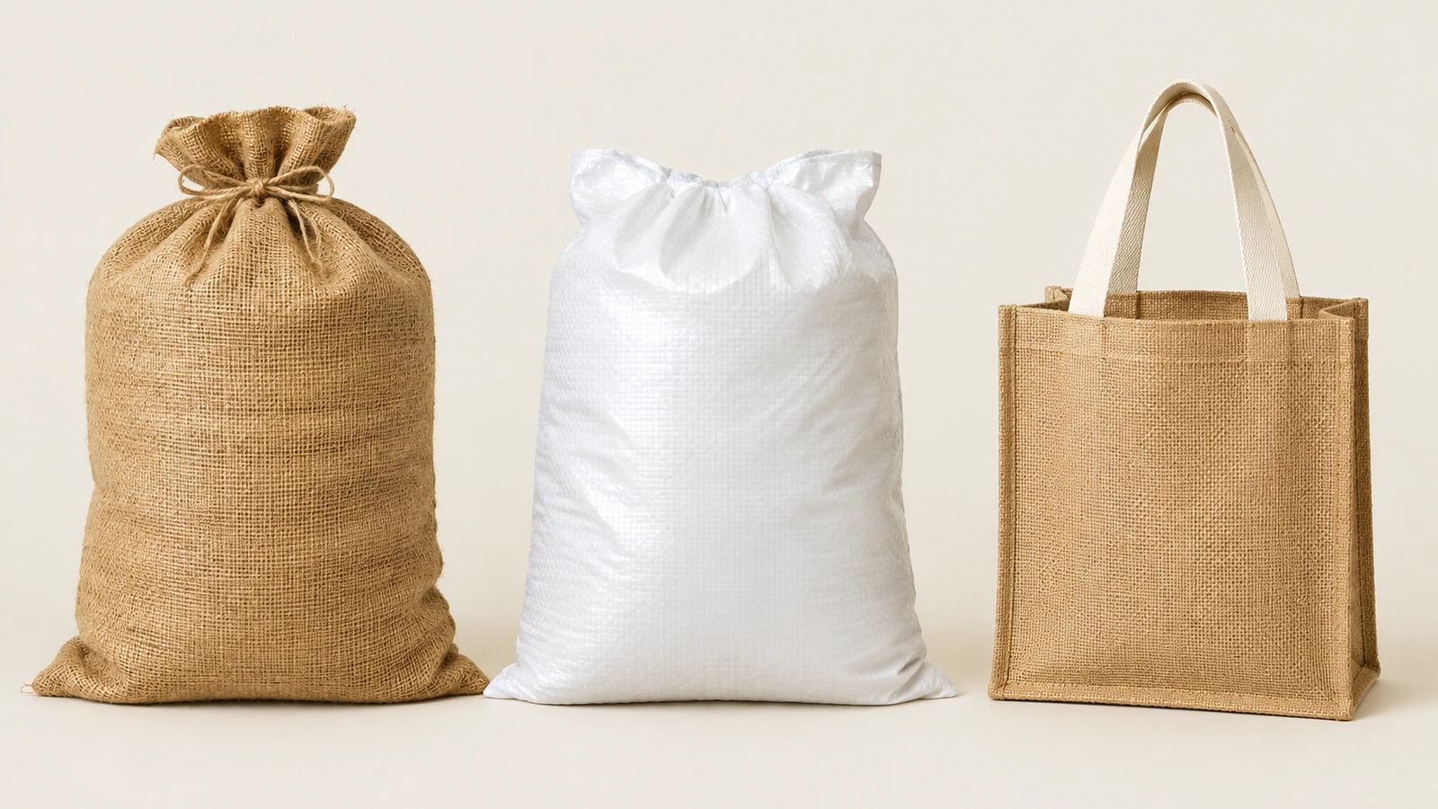Susunan berdampingan antara karung komoditas jute polos, karung polipropilena anyaman putih, dan tote bag jute dengan pegangan katun