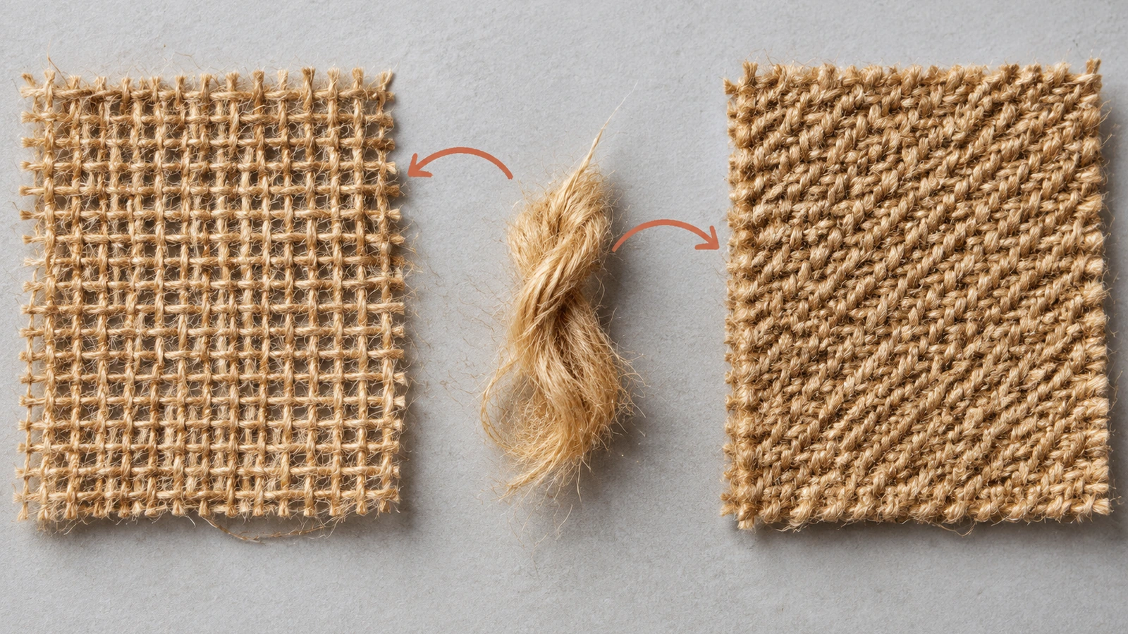 Perbandingan jarak dekat antara hessian anyaman polos yang terbuka dan kain karung jute twill yang padat, yang dipakai untuk karung komoditas
