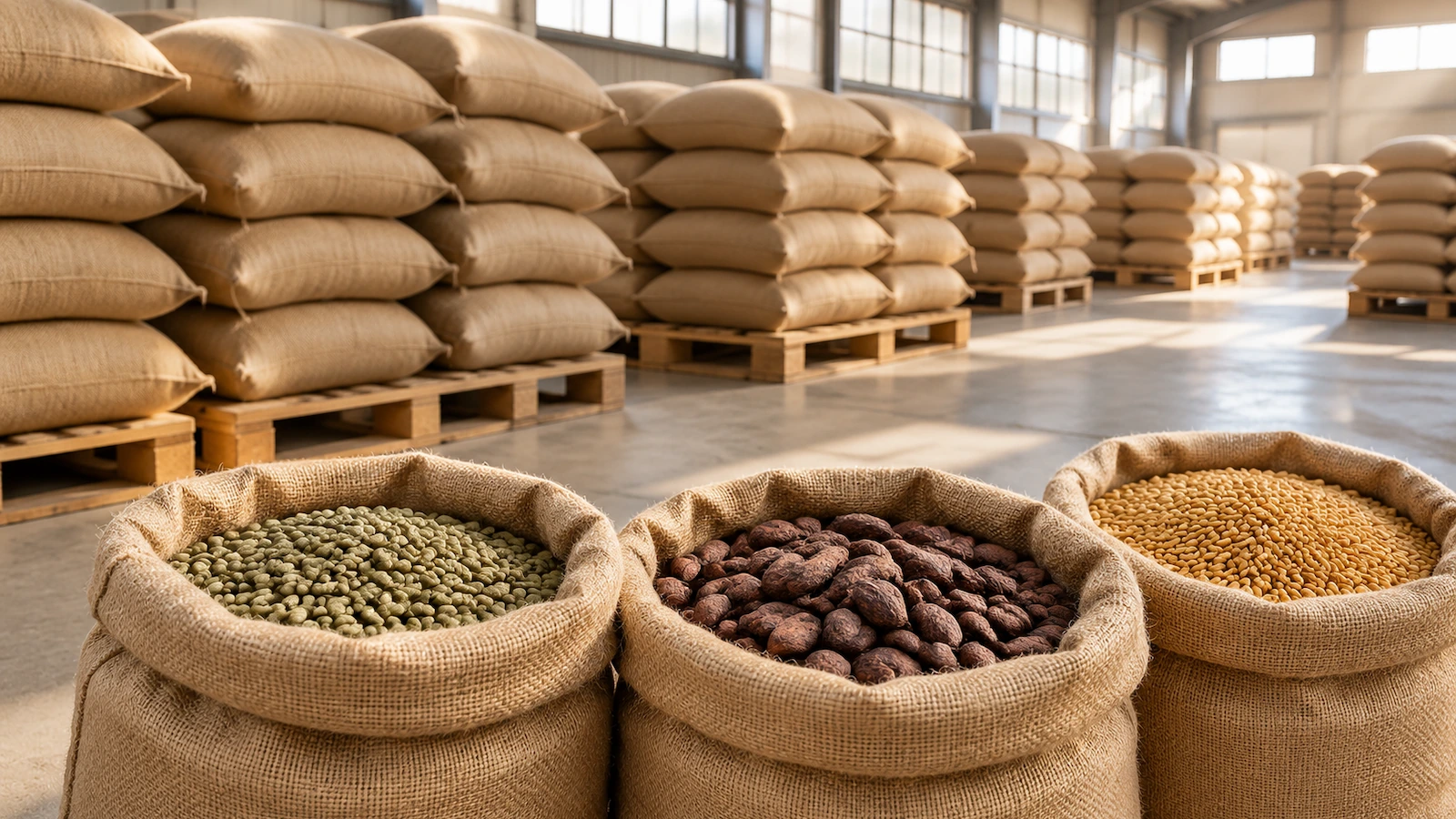 Karung jute alami berisi biji kopi, biji kakao, dan biji-bijian yang ditumpuk di atas palet kayu di gudang yang kering