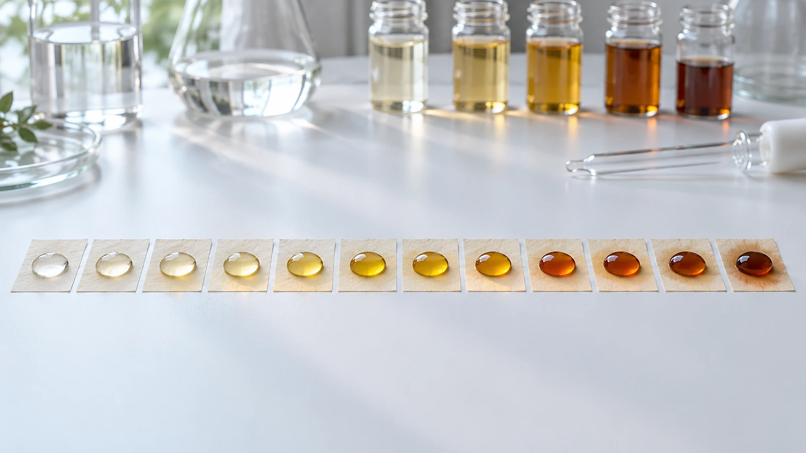 Meja laboratorium dengan sederet contoh kertas, masing-masing menahan setetes cairan uji yang makin gelap, menggambarkan uji Kit bertingkat untuk ketahanan lemak