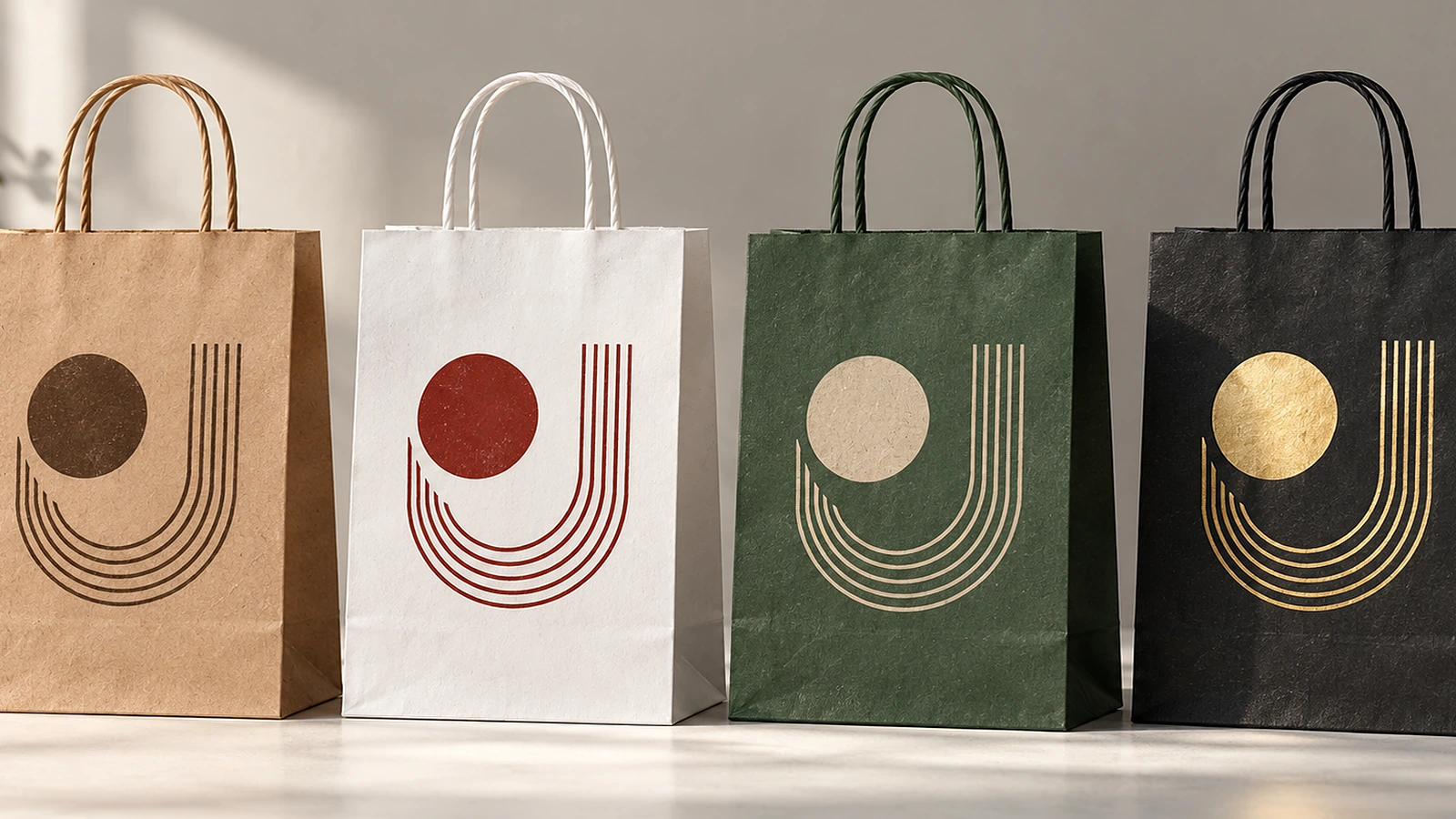 Sebaris tas kertas kraft cokelat alami, putih, berwarna, dan hitam dengan gagang pilin
