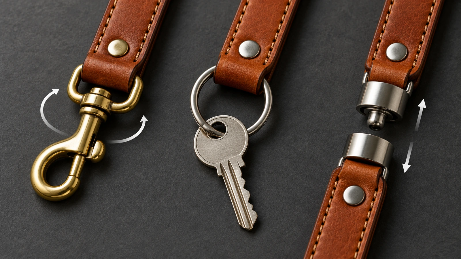 Gambar jarak dekat pilihan aksesori logam gantungan kunci lanyard kulit: klip kait putar, cincin belah tertutup, dan konektor pelepas darurat, masing-masing terpasang pada ujung tali kulit cokelat