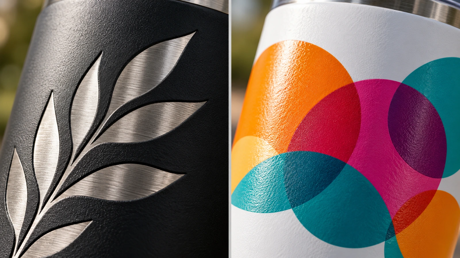 Close-up berdampingan dari tumbler hasil ukiran laser yang menampilkan baja polos mengilap di bawah lapisan gelap, dan tumbler hasil cetak UV yang menampilkan pola abstrak warna penuh