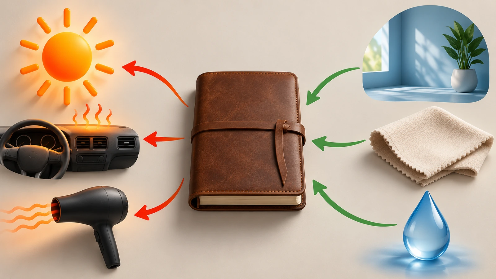 Diagram tanpa teks berupa jurnal kulit yang dikelilingi bentuk sederhana matahari, tetesan air, dan termometer, dengan panah hijau menuju tempat teduh dan panah merah menjauhi panas