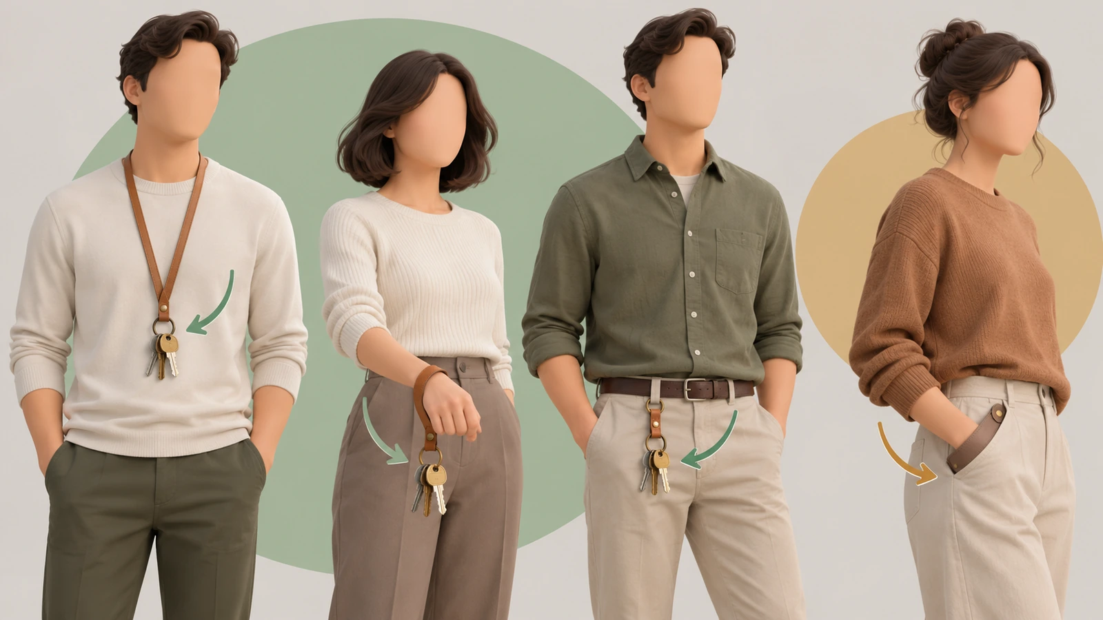 Tiga posisi membawa gantungan kunci lanyard kulit dibandingkan dengan fob kulit saku: dikalungkan di leher, dilingkarkan di pergelangan tangan, dijepit pada gelung ikat pinggang, dan diselipkan di saku celana