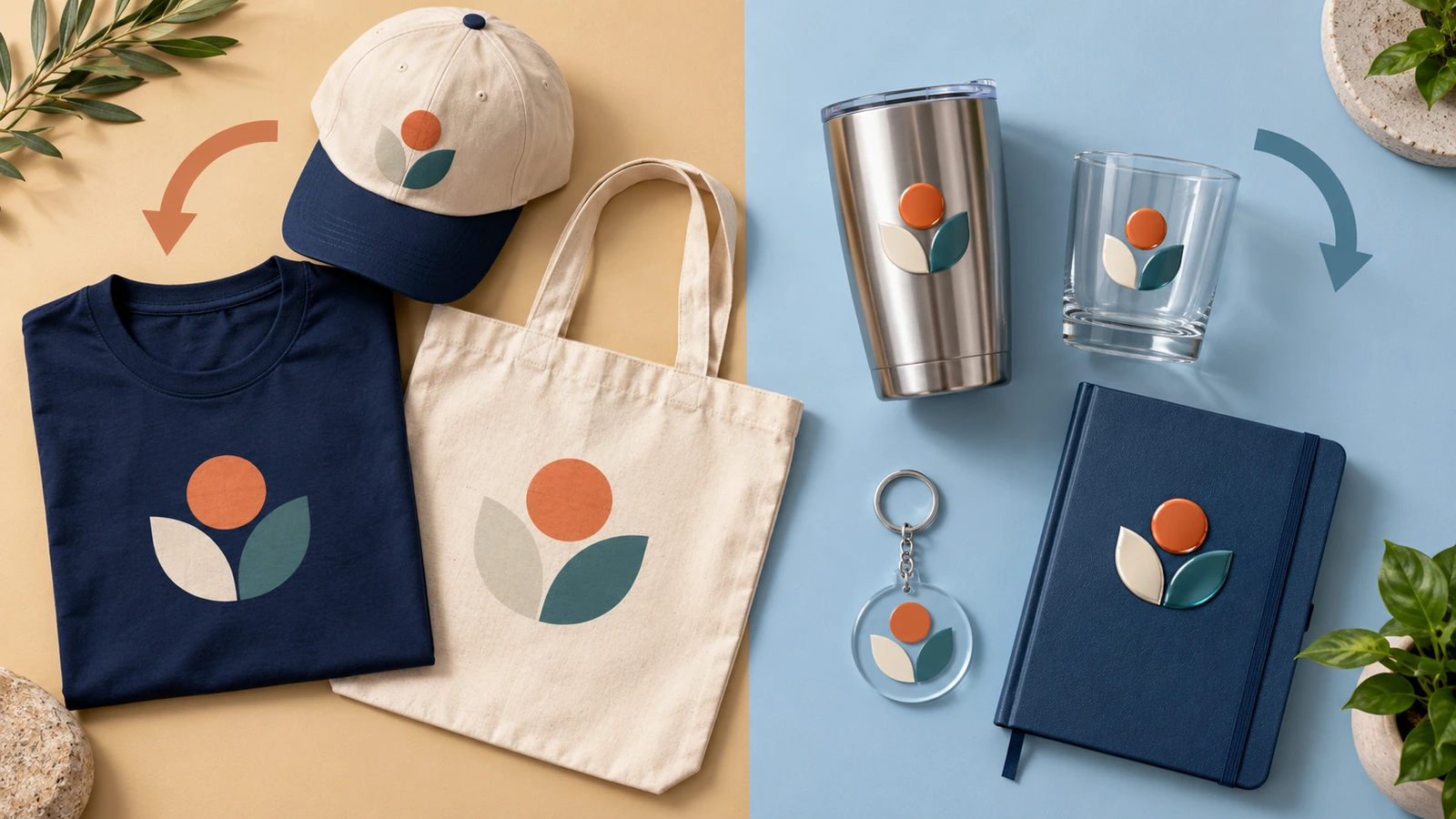 Tata letak paket merchandise dari atas, dipilah menjadi zona kain berisi kaus, tote bag, dan topi serta zona barang keras berisi tumbler, kaca, gantungan kunci akrilik, dan buku catatan