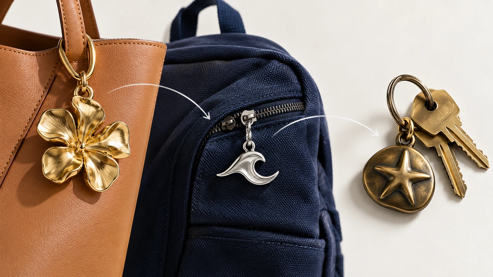 Perbandingan tiga format charm gantungan kunci logam: charm tas berukir yang menggantung dari pegangan tas tote, penarik ritsleting pipih pada ritsleting ransel, dan charm cincin kunci membulat bersama kunci