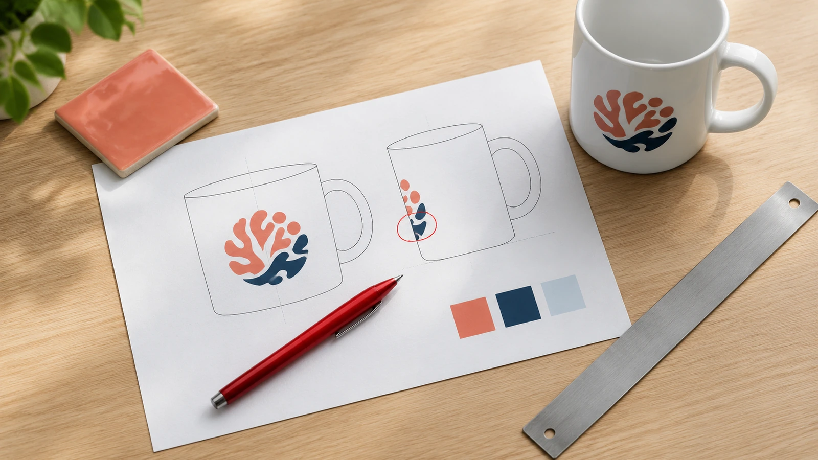 Foto datar lembar proof mug yang dicetak dengan bentuk logo abstrak, pulpen merah, penggaris, dan mug keramik putih di atas meja berwarna terang