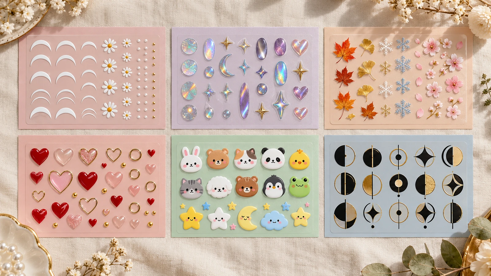 Tampak atas enam kelompok stiker desain kuku: French tip klasik dan bunga aster, efek tren iridesen, daun dan kepingan salju musiman, hati dan cincin untuk acara, bentuk-bentuk lucu bergaya karakter, dan motif monogram merek yang minimalis