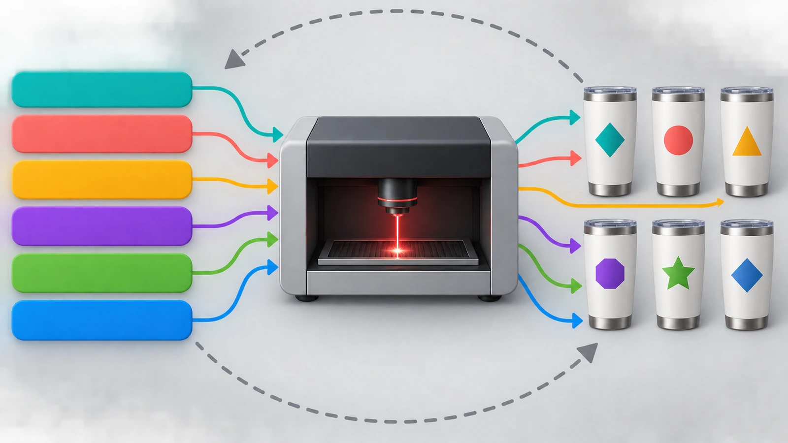 Diagram yang menunjukkan baris data berwarna mengalir melalui panah ke stasiun pengukiran laser dan keluar sebagai tumbler individual, masing-masing dicocokkan dengan baris berwarnanya sendiri