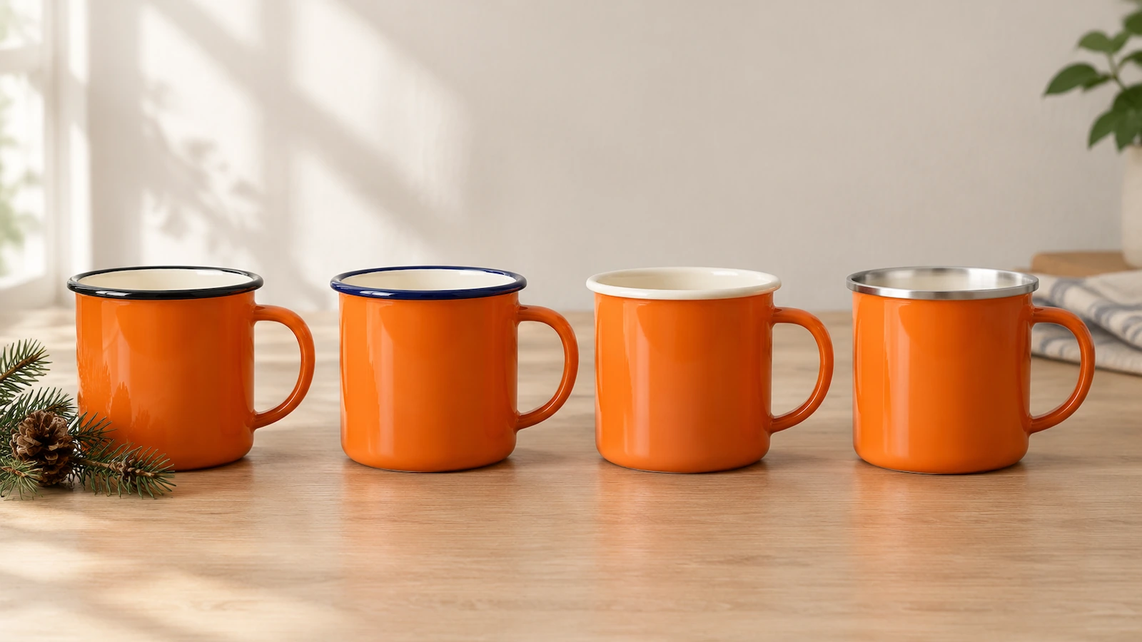 Empat mug camping enamel oranye berdampingan dengan bibir hitam, biru tua, krem, dan baja tahan karat, memperlihatkan bagaimana warna bibir mengubah tampilan retro