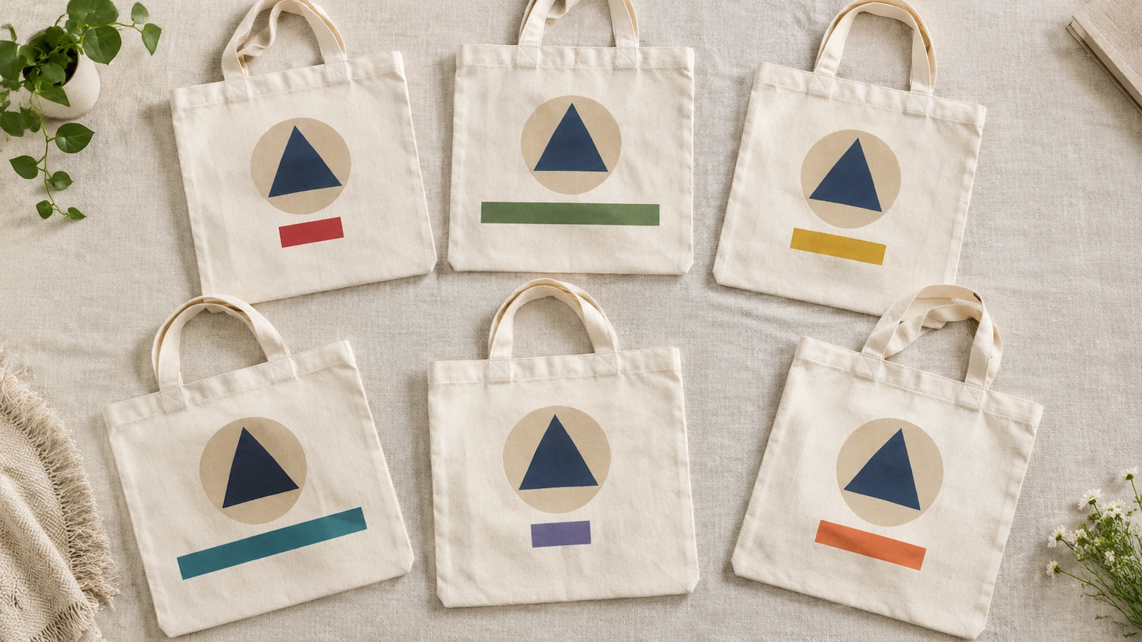 Barisan tote bag katun alami dengan bentuk logo yang sama, masing-masing dengan pita berwarna berbeda di tempat nama penerima dicetak