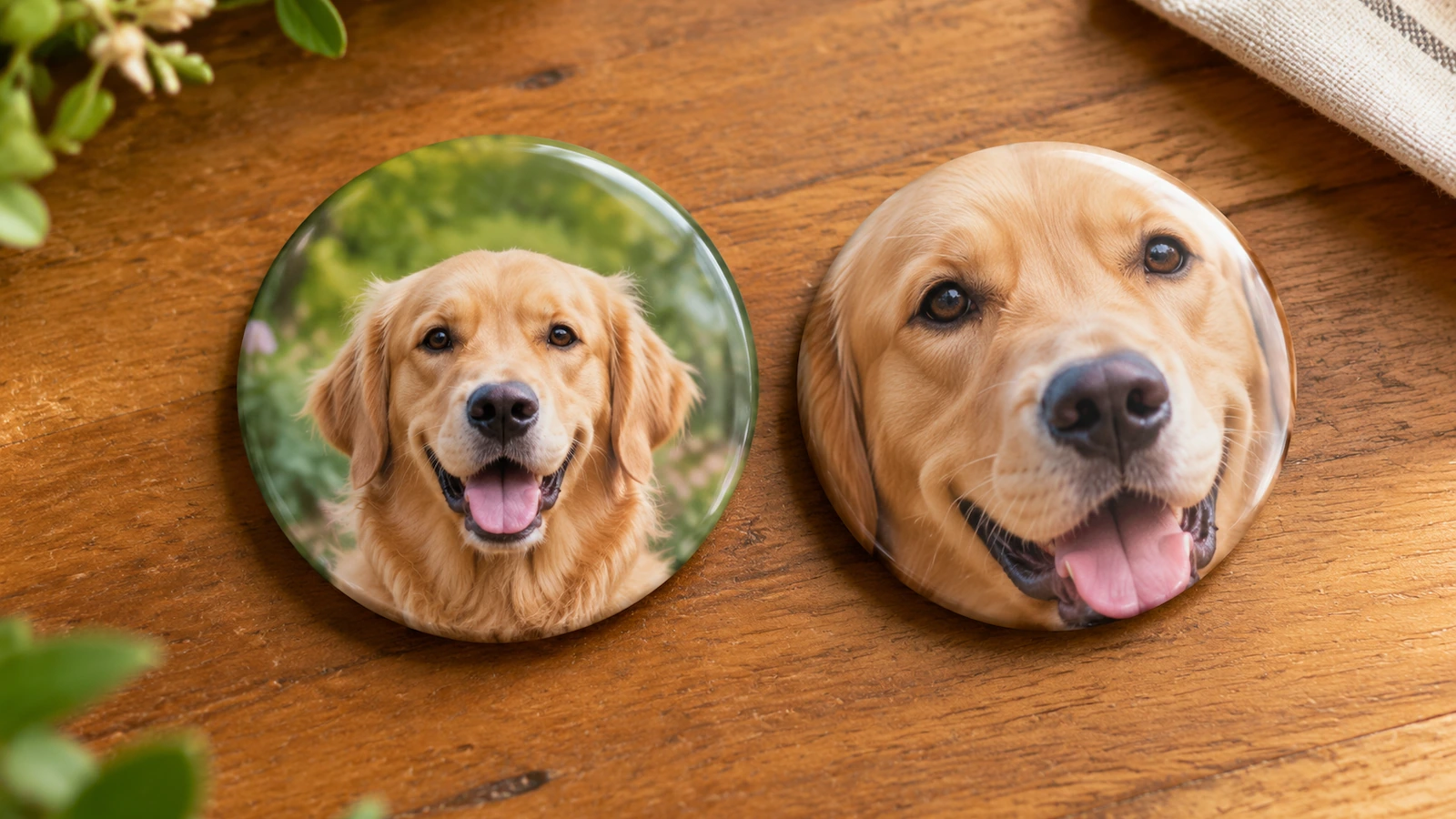 Dua pin foto bulat dengan potret golden retriever: satu terpusat dengan baik dan berlatar terbuka di sekitar kepala, satu dipotong sehingga telinganya terlipat melewati tepi
