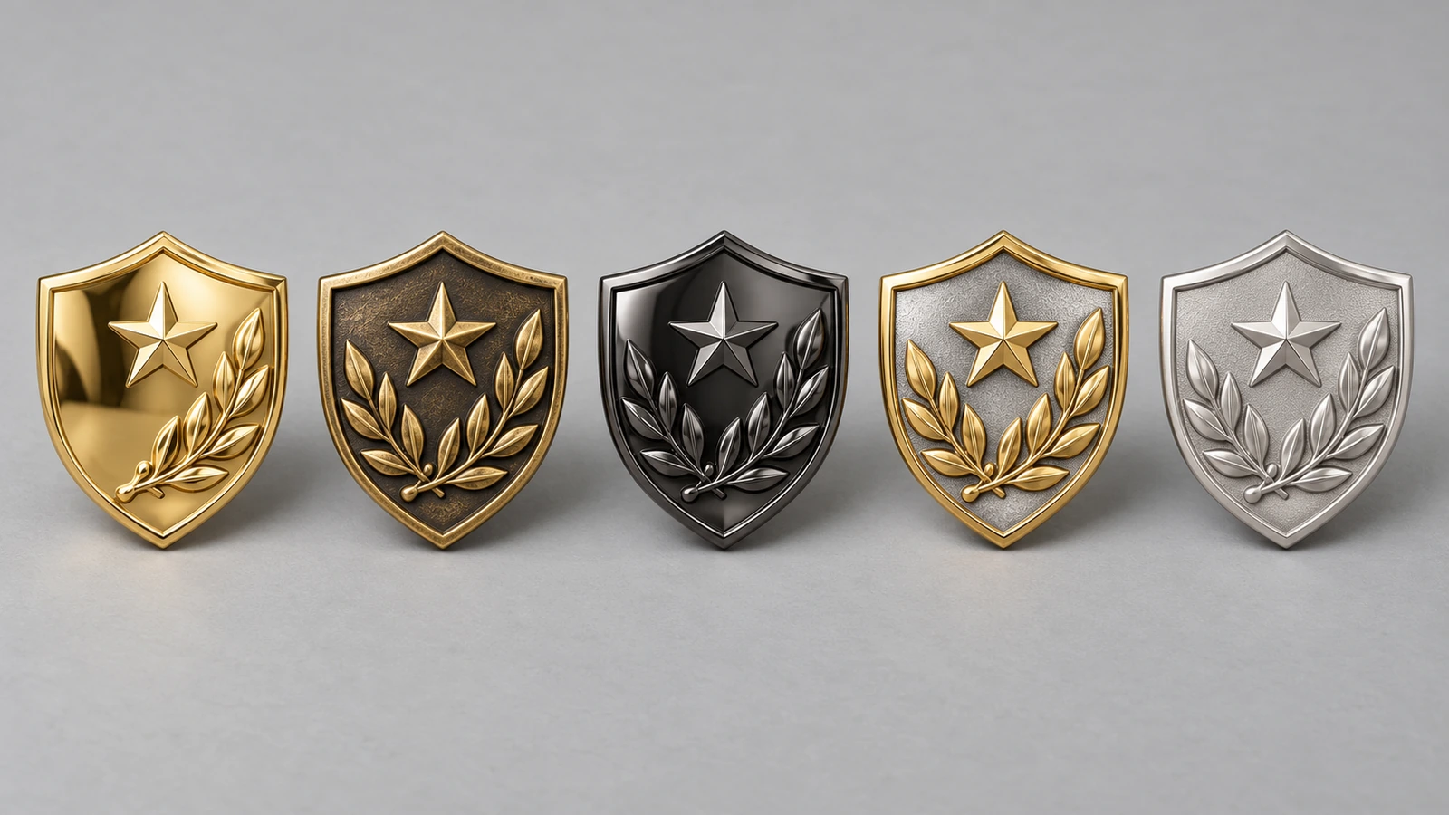 Lima pin lapel cetak die identik berjajar, menampilkan emas dipoles, emas antik, nikel hitam, emas dan perak dua tone, serta perak sandblasting