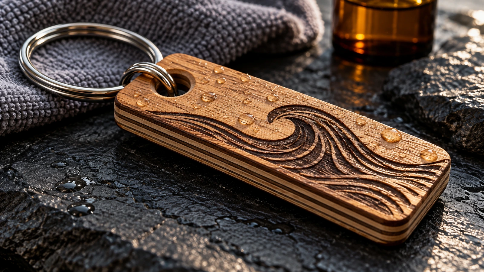 Tampilan makro tepi gantungan kunci kayu lapis potong laser yang memperlihatkan veneer berlapis, permukaan berlapis sealer dengan butiran air, dan cincin belah logam yang kokoh