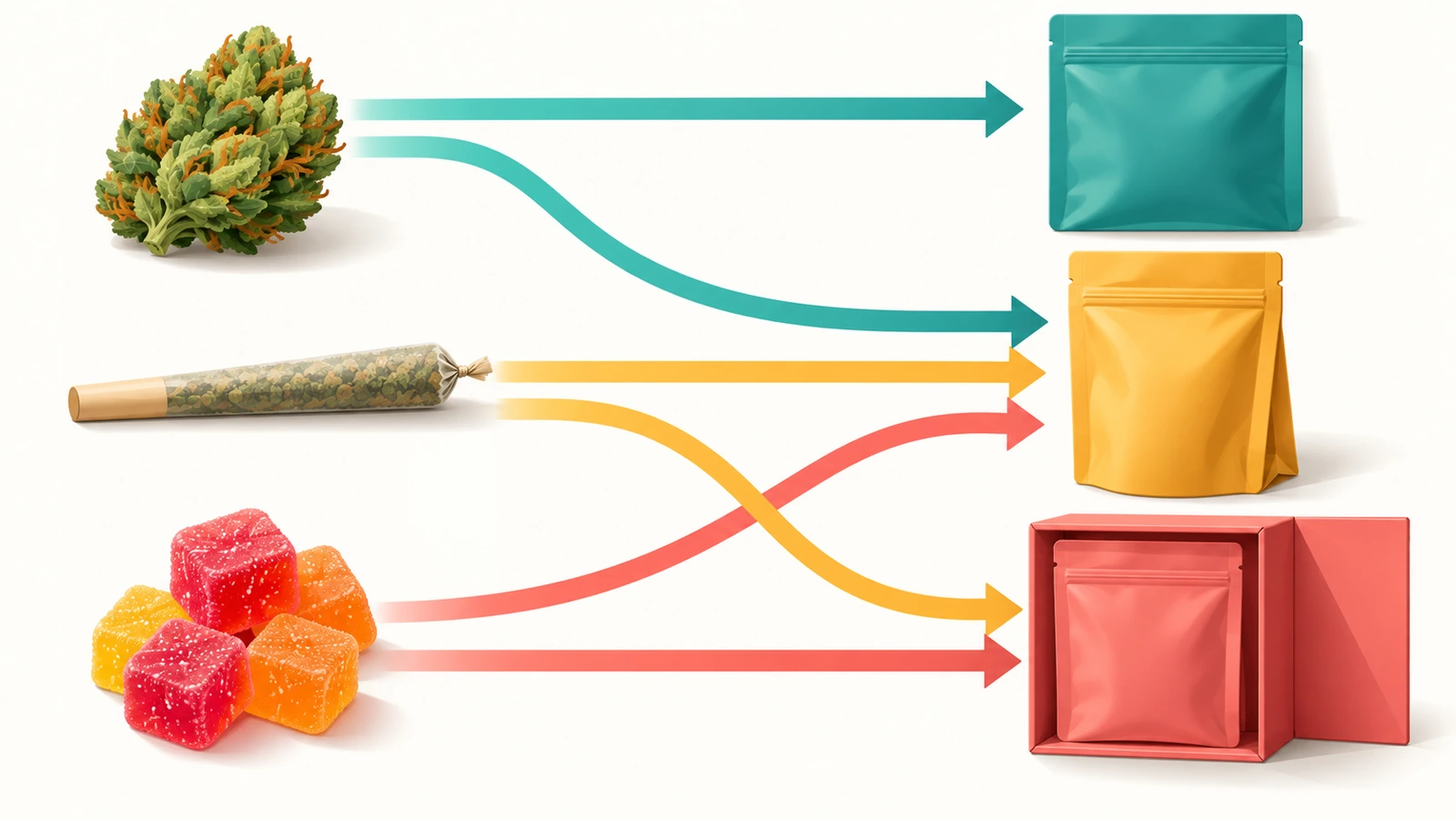 Diagram alur keputusan dengan bentuk berwarna dan panah yang mengarahkan produk bunga kanabis, pre-roll, dan edibles ke format kantong datar, kantong berdiri, atau kantong dalam boks