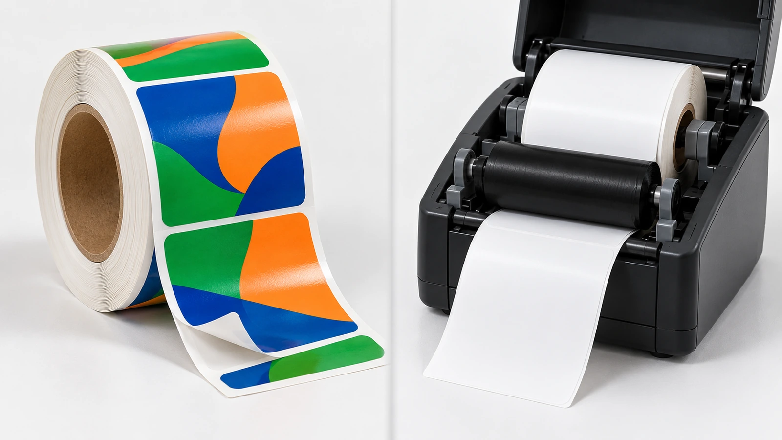 Dua jalur pengadaan berdampingan: gulungan label warna penuh cetakan konverter di sebelah kiri dan gulungan label polos putih yang masuk ke printer thermal transfer ringkas di sebelah kanan