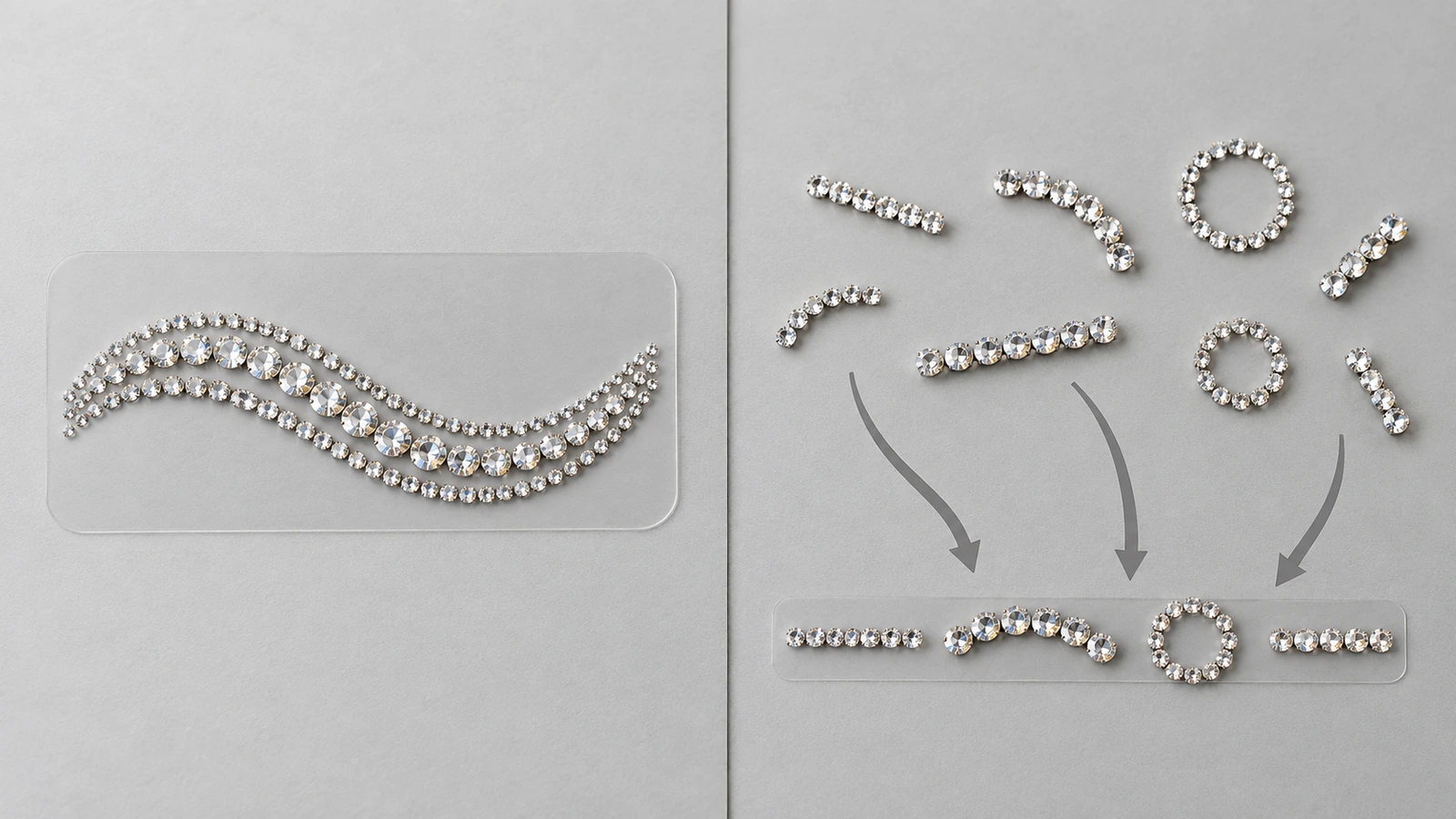 Tampilan terbelah yang membandingkan sebuah lembar pembawa rhinestone berisi satu motif utuh dengan keping rhinestone satuan lepas yang diluruskan sepanjang penuntun lurus oleh tanda panah, untuk membedakan lembar nama yang sudah dirakit dari karakter satuan