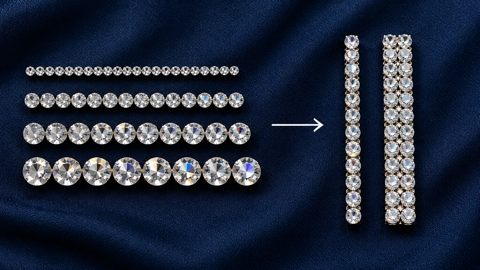 Empat baris rhinestone bening dengan diameter yang makin besar di atas kain biru tua, di samping batang satu baris dan dua baris yang menunjukkan bagaimana ukuran batu menentukan lebar goresan huruf dan nomor