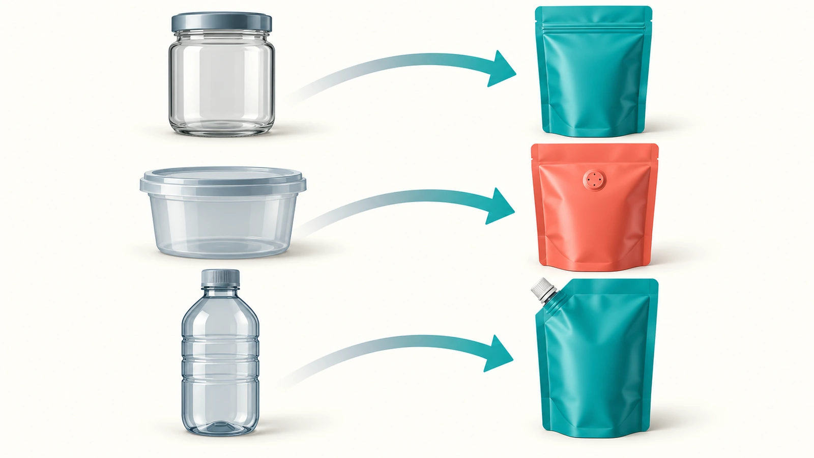 Toples kaca, wadah tub plastik, dan botol di sebelah kiri dengan panah menuju kantong berdiri fleksibel yang sepadan di sebelah kanan