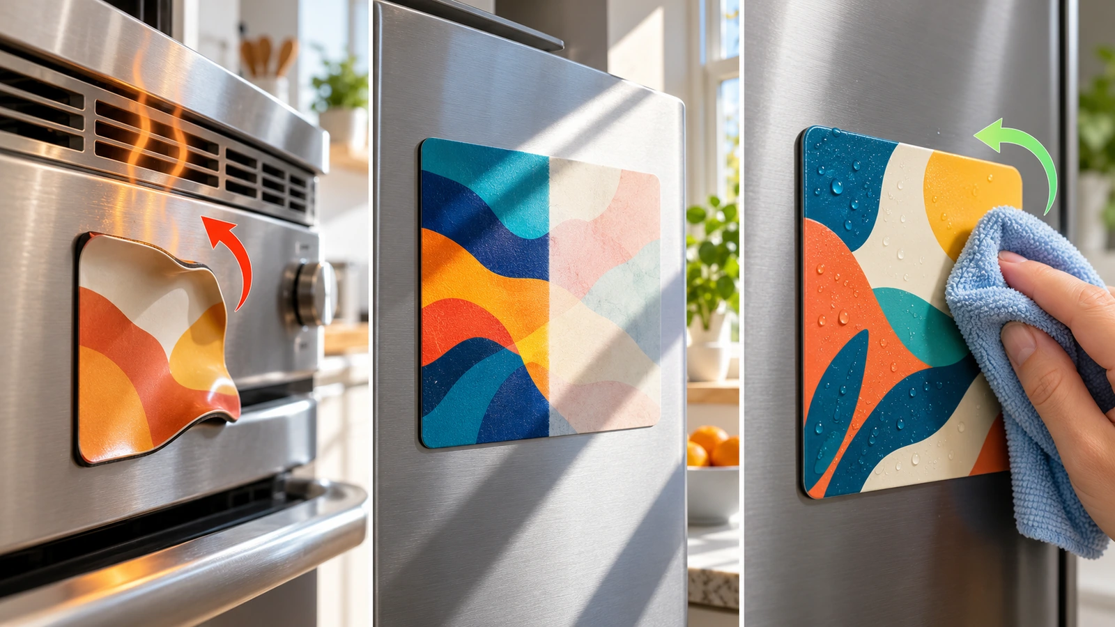 Pemandangan dapur yang memperlihatkan magnet kulkas karet melengkung di dekat lubang udara oven yang panas, magnet yang memudar di bawah sinar matahari jendela, dan magnet utuh yang sedang diusap dengan kain lembap