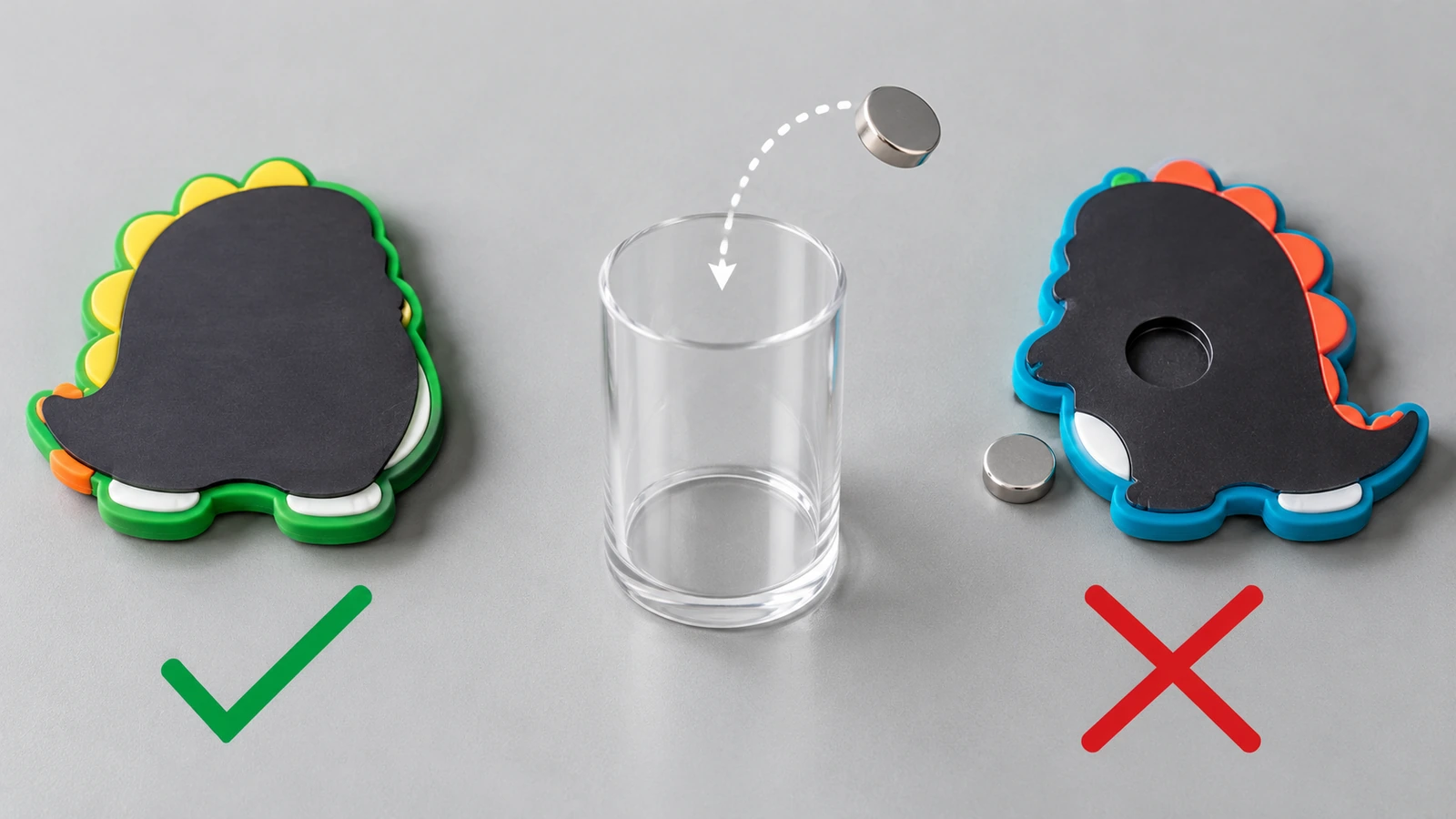Tampak belakang magnet kulkas PVC lunak dengan strip fleksibel terikat penuh, di samping versi dengan magnet cakram kecil yang lepas, dan di sebelahnya silinder uji komponen kecil yang transparan