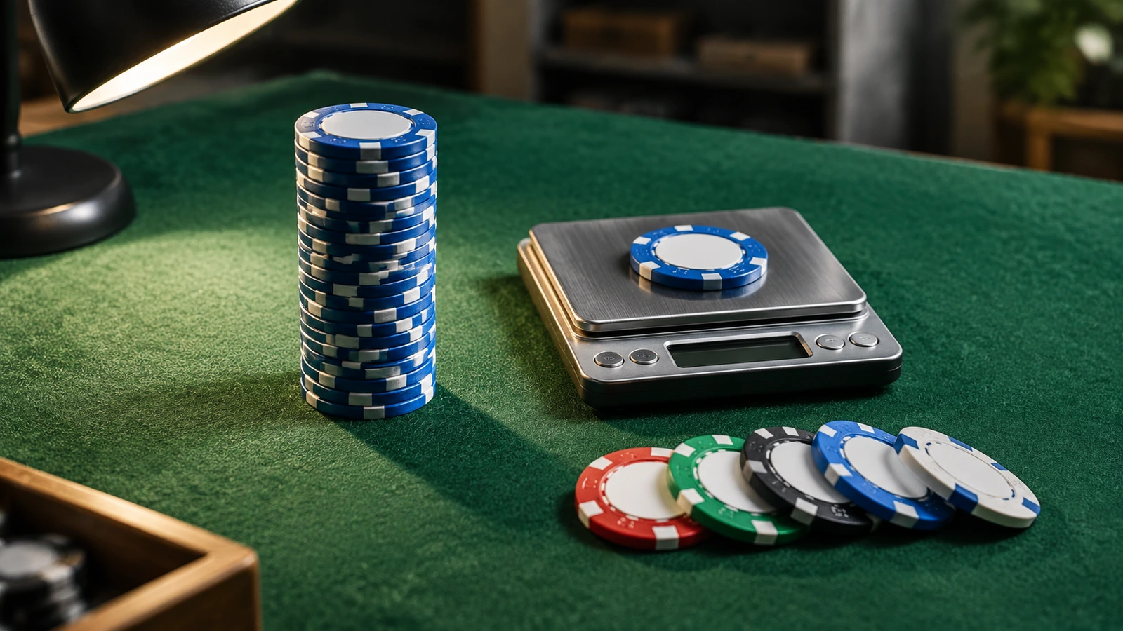Sampel chip poker di meja inspeksi berlapis kain felt hijau di samping timbangan digital, tumpukan lurus yang tidak memakai penggaris, dan lampu meja