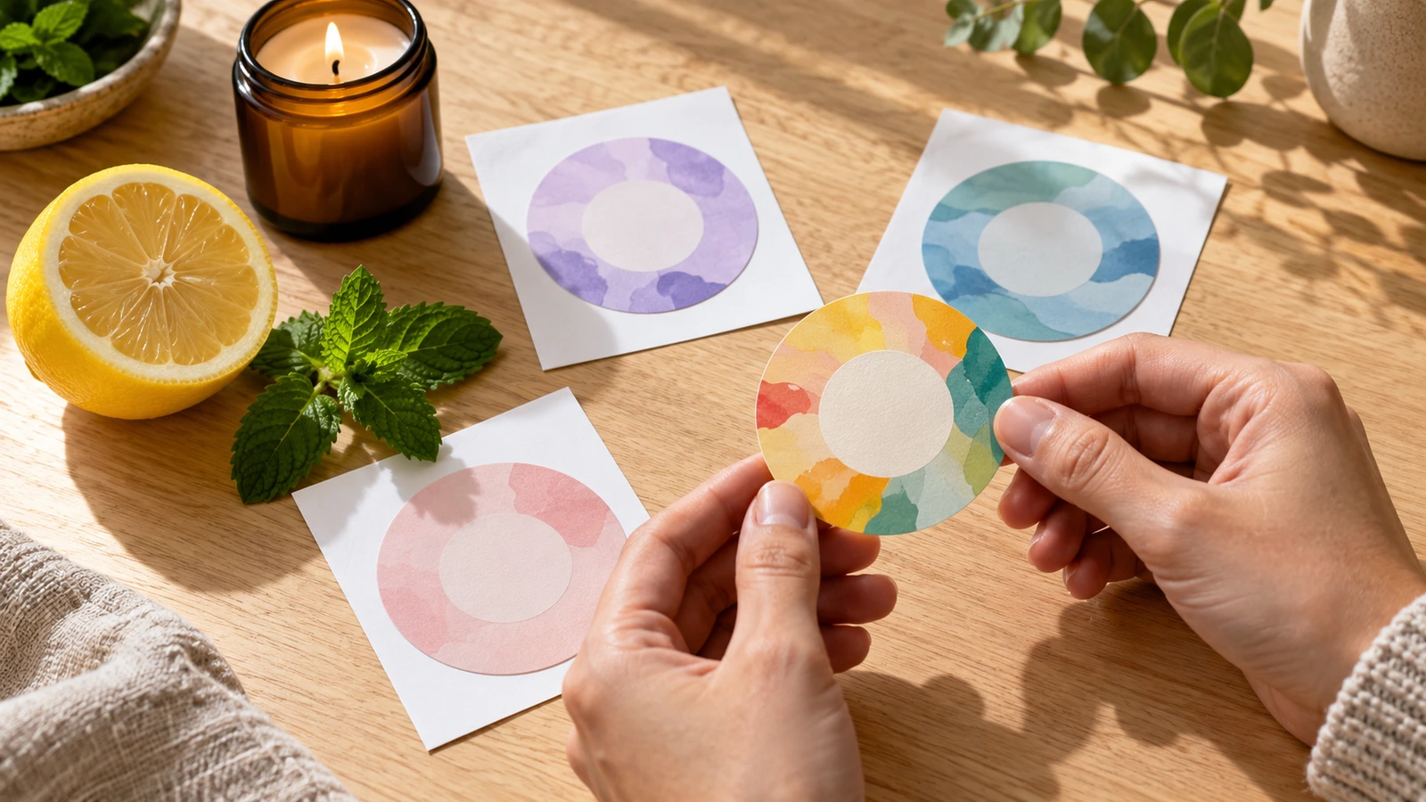 Tangan pembeli membandingkan sampel stiker beraroma tanpa label dengan lemon segar, setangkai mint, dan sebuah lilin di atas meja kerja yang bersih