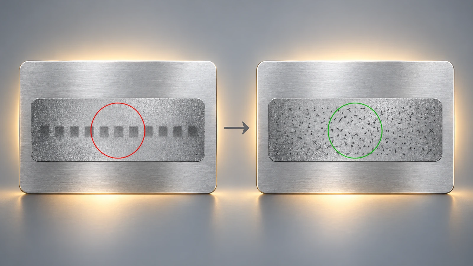 Ilustrasi konsep yang membandingkan kode tersembunyi yang tampak sebagai bayangan jelas di bawah backlight dengan panel yang sama ketika pola penyamaran acak yang padat mengubah bayangan itu menjadi derau yang tidak terbaca