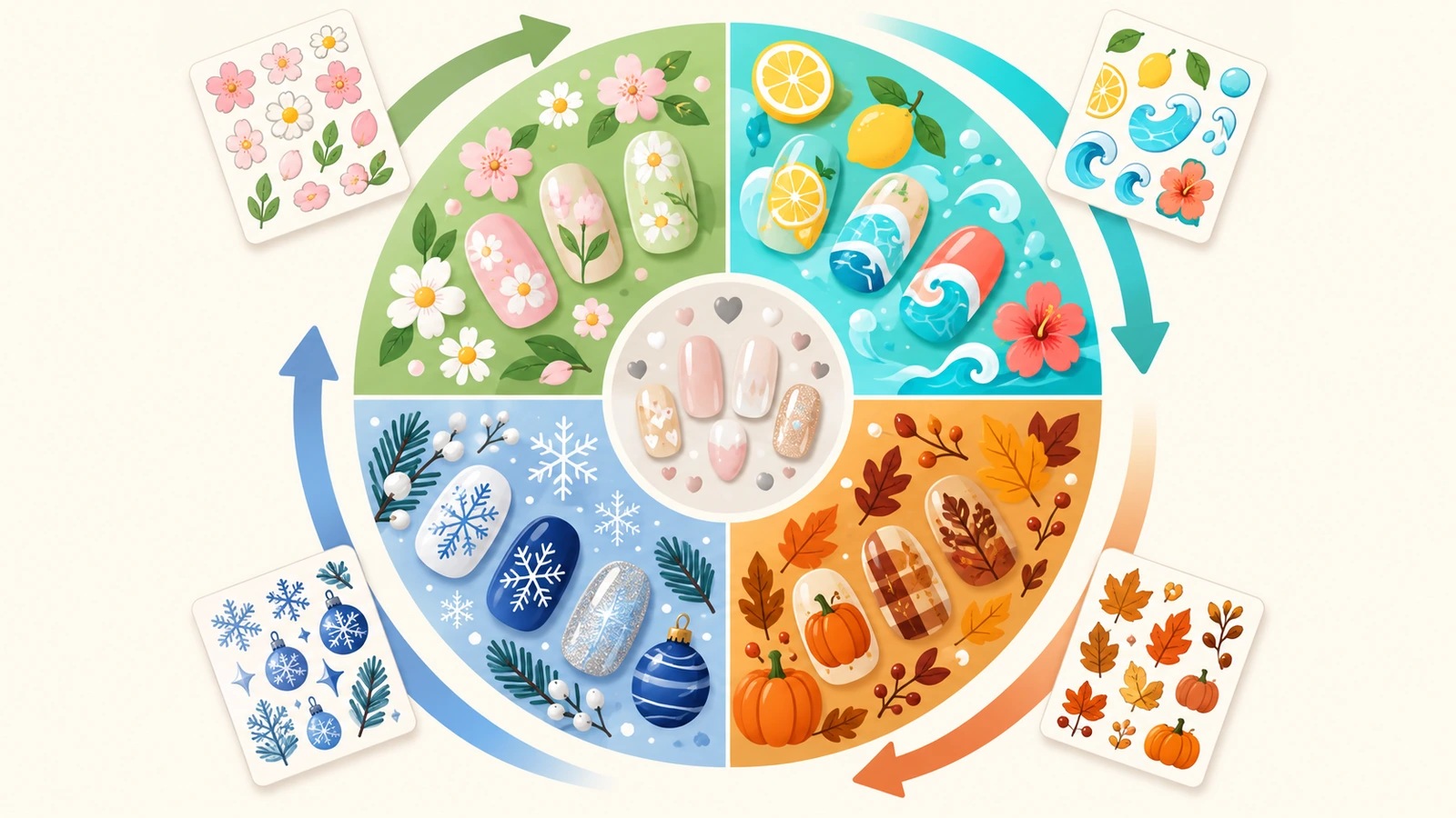 Kalender musiman berbentuk lingkaran yang dibagi menjadi 4 kuadran berkode warna dengan motif bunga musim semi, buah musim panas, daun musim gugur, dan kepingan salju musim dingin, dengan panah yang menunjukkan karya seni direncanakan satu kuadran sebelum setiap peluncuran