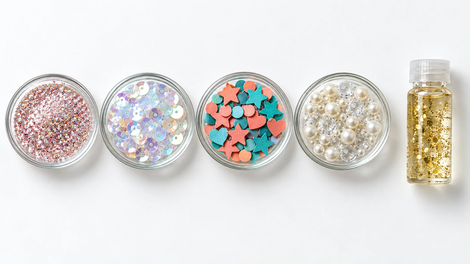 Lima jenis isian stiker shaker dalam wadah kecil bening: glitter halus, sekuin bulat, bentuk konfeti potong khusus, manik-manik kaca, dan sebotol cairan glitter