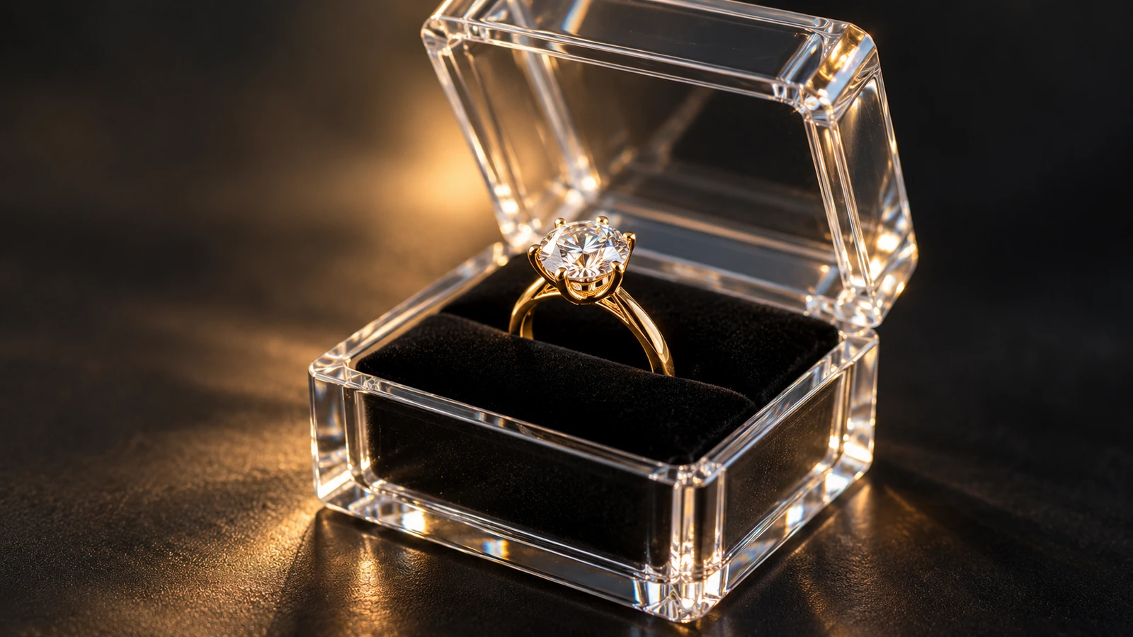 Gambar jarak dekat cincin yang ditahan tegak oleh sisipan berslot di dalam kotak bening kecil, dengan cahaya lembut menembus dinding transparan