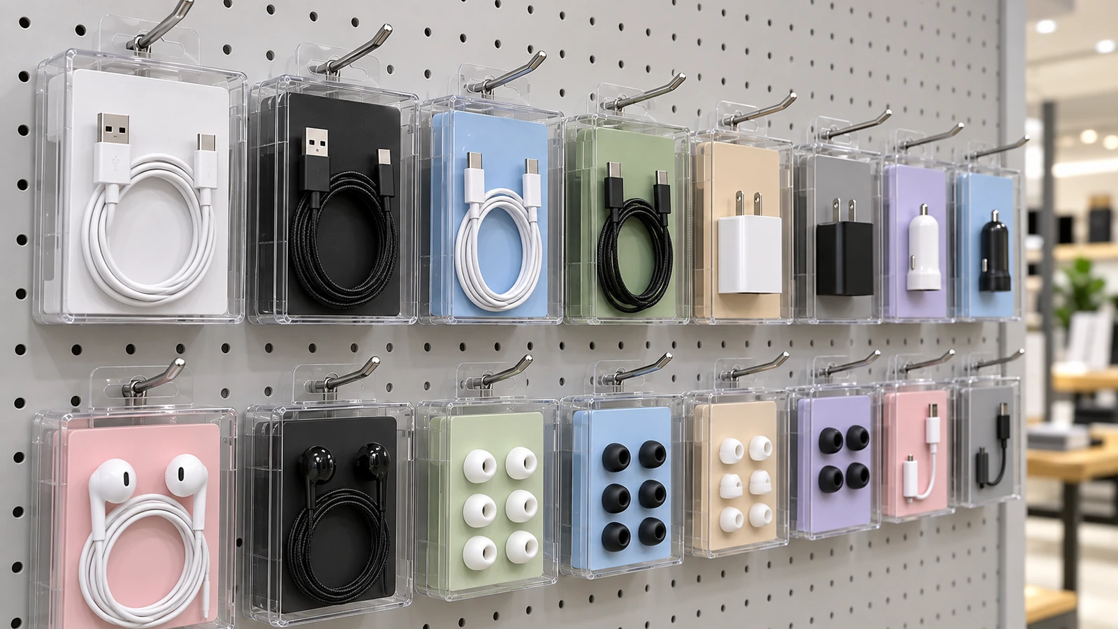 Deretan kotak bening kecil berisi kabel gulung dan adaptor yang tergantung pada pengait gantung di toko, konektor terlihat melalui dindingnya