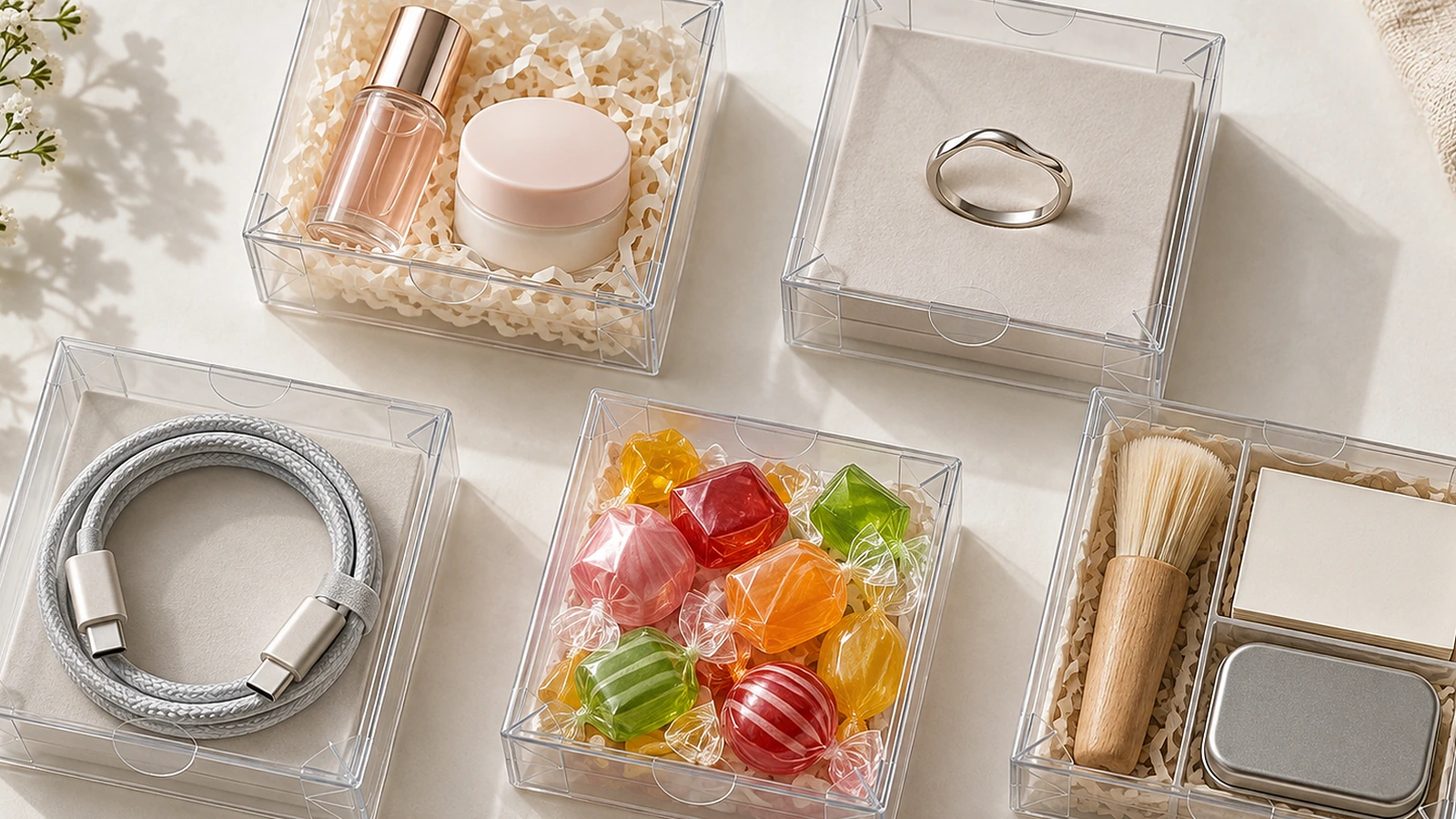 Lima kotak plastik bening kecil di atas permukaan terang, berisi vial sampel kosmetik, cincin, kabel pengisi daya yang digulung, permen warna-warni, dan kit promosi mini