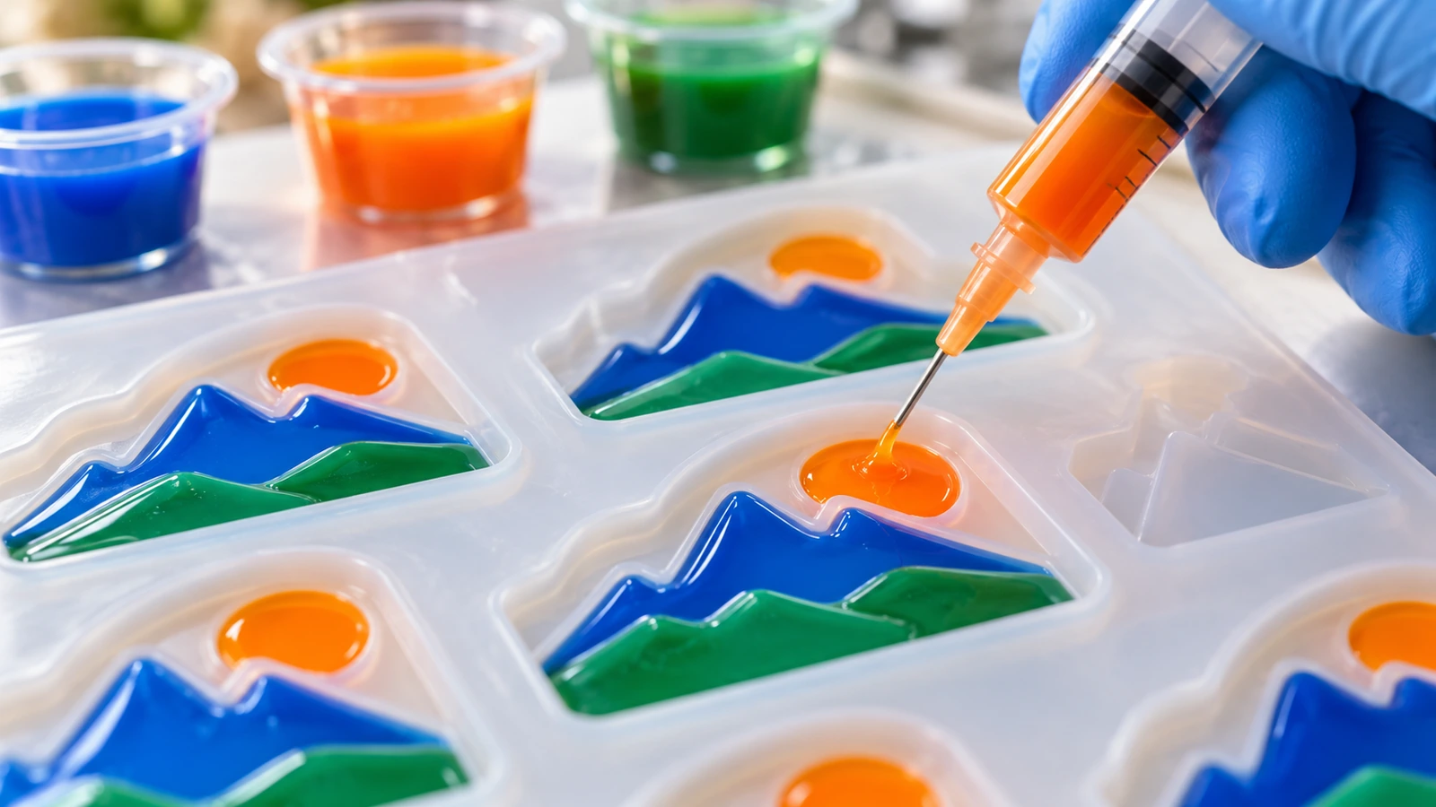 PVC lunak cair diisi warna demi warna ke dalam cetakan silikon untuk magnet suvenir 3D