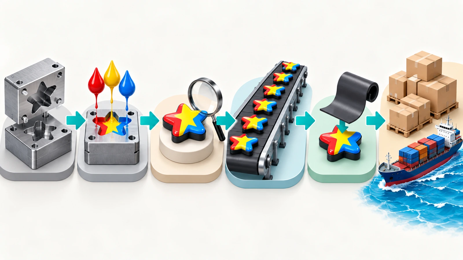 Enam tahap produksi magnet suvenir PVC lunak cetak ditampilkan sebagai ikon yang saling terhubung dari balok cetakan hingga kapal kargo