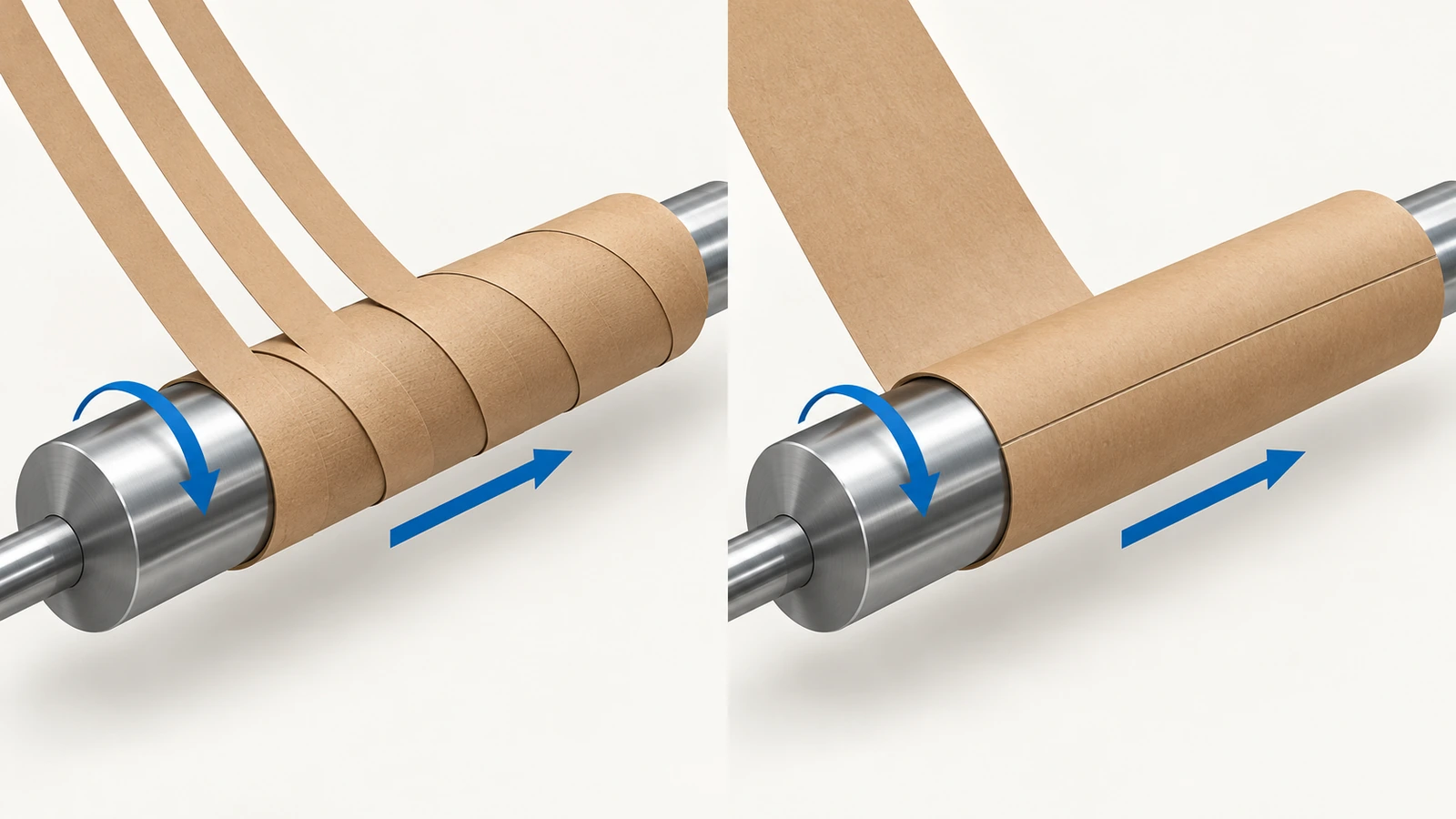 Diagram berdampingan pelilitan spiral dengan strip menyudut pada mandrel dan pelilitan konvolut dengan 1 lembar yang digulung sejajar sumbu
