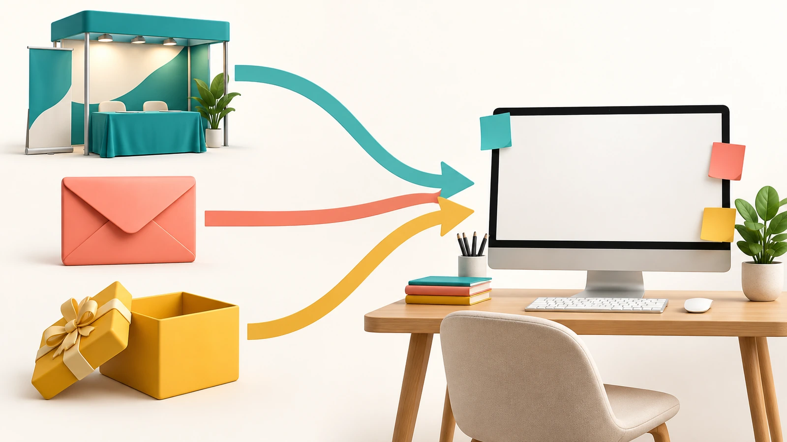 Diagram yang menunjukkan tiga jalur memo tempel promosi: stan pameran dagang, amplop kiriman pos, dan kotak sambutan, masing-masing dengan panah menuju meja kantor tempat lembar memo berwarna menempel di monitor