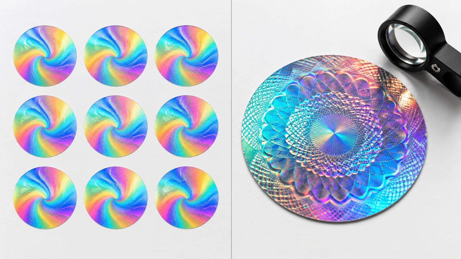 Perbandingan berdampingan antara stiker hologram pelangi generik yang identik dan hologram keamanan hasil originasi khusus yang berbeda dengan pola optik unik