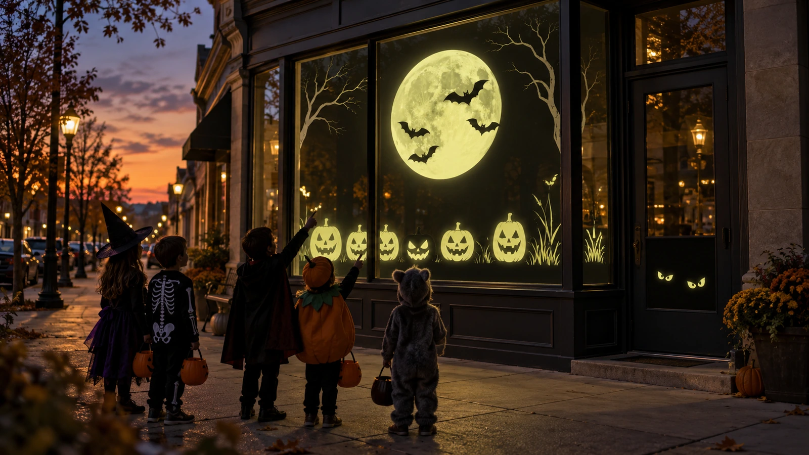 Jendela etalase saat senja dengan stiker tempel kaca menyala dalam gelap berbentuk bulan, kelelawar, dan wajah jack-o'-lantern yang berpendar di atas siluet anak-anak trick-or-treat