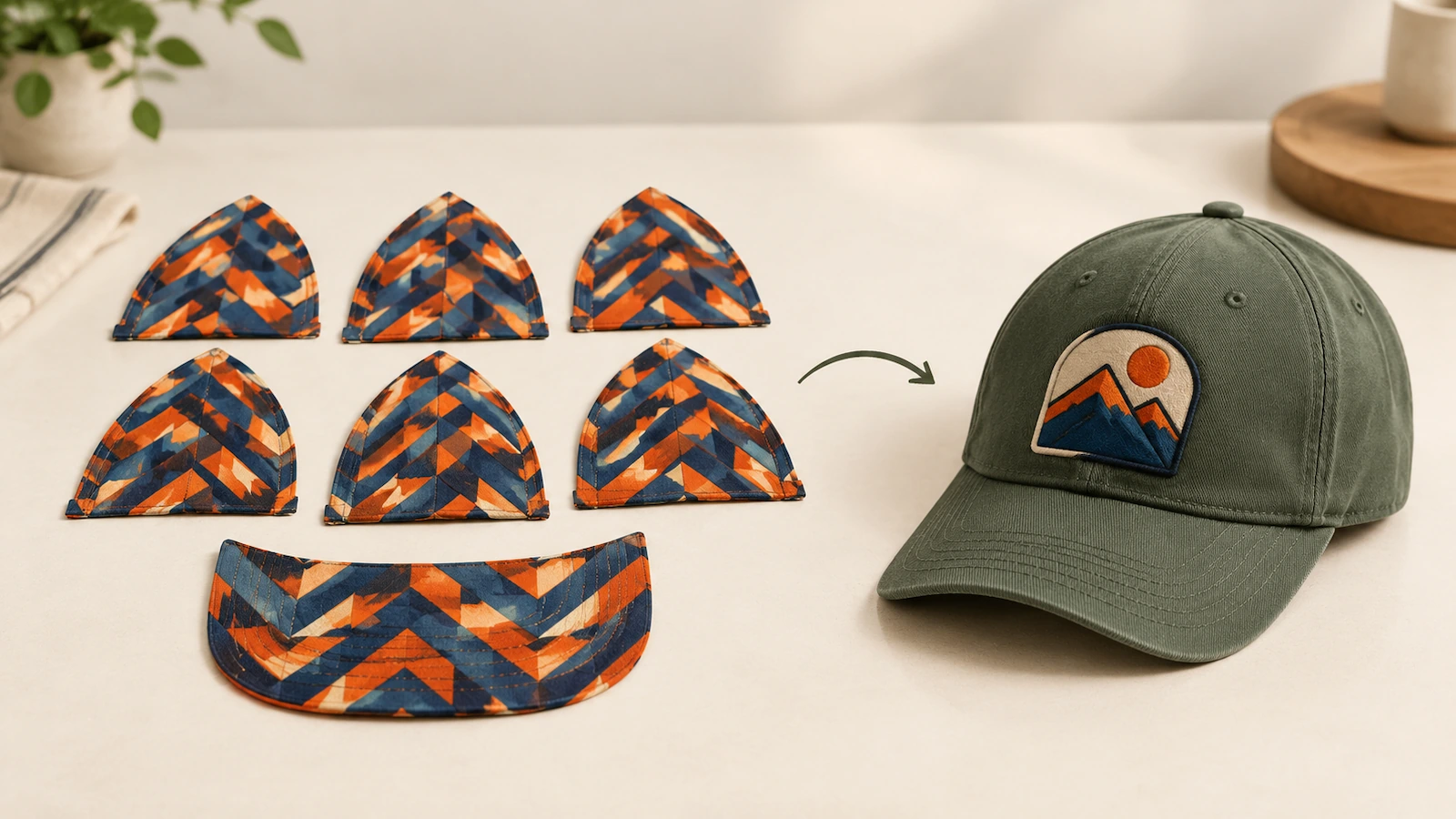 Panel topi poliester datar yang dicetak sebelum perakitan, di samping topi jadi dengan emblem sublimasi yang dijahit