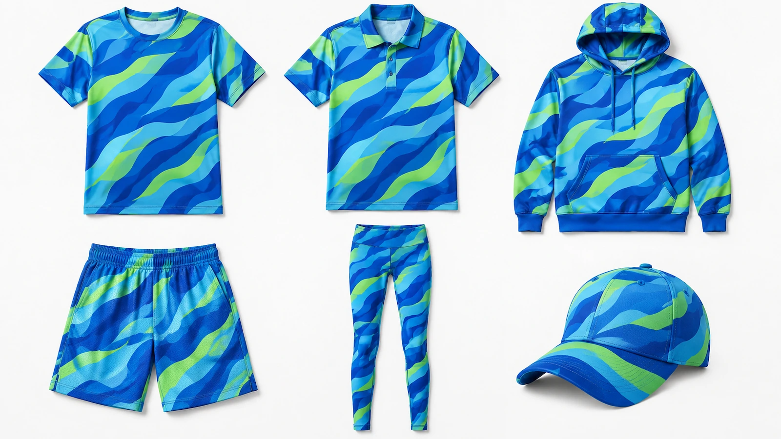 Lini pakaian sublimasi yang terkoordinasi dibentangkan datar: jersey, polo, hoodie, celana pendek, legging, dan topi dengan satu pola warna abstrak yang sama