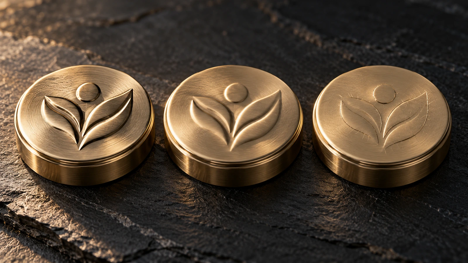 Tiga tutup kaleng timah dengan motif embossing yang sama: relief tajam dan dalam pada lembaran lunak, relief yang melunak pada lembaran sedang, dan relief dangkal dengan garis tegangan pada lembaran keras