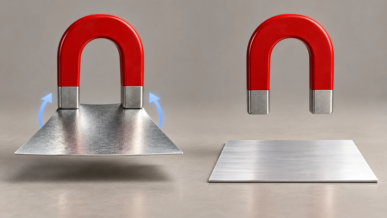 Lembaran pelat timah perak yang ditahan magnet tapal kuda di samping lembaran aluminium yang tidak tertarik magnet, dengan latar studio netral