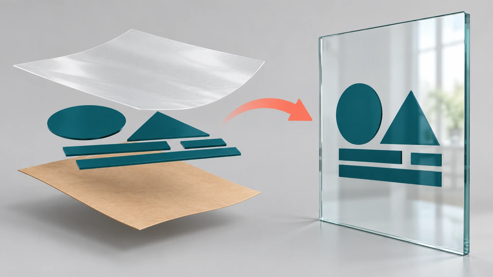 Diagram terurai decal transfer yang menunjukkan liner pelepas, bentuk-bentuk vinil potong yang terpisah, dan pita aplikasi, dengan panah yang memindahkan bentuk-bentuk tersebut ke panel kaca
