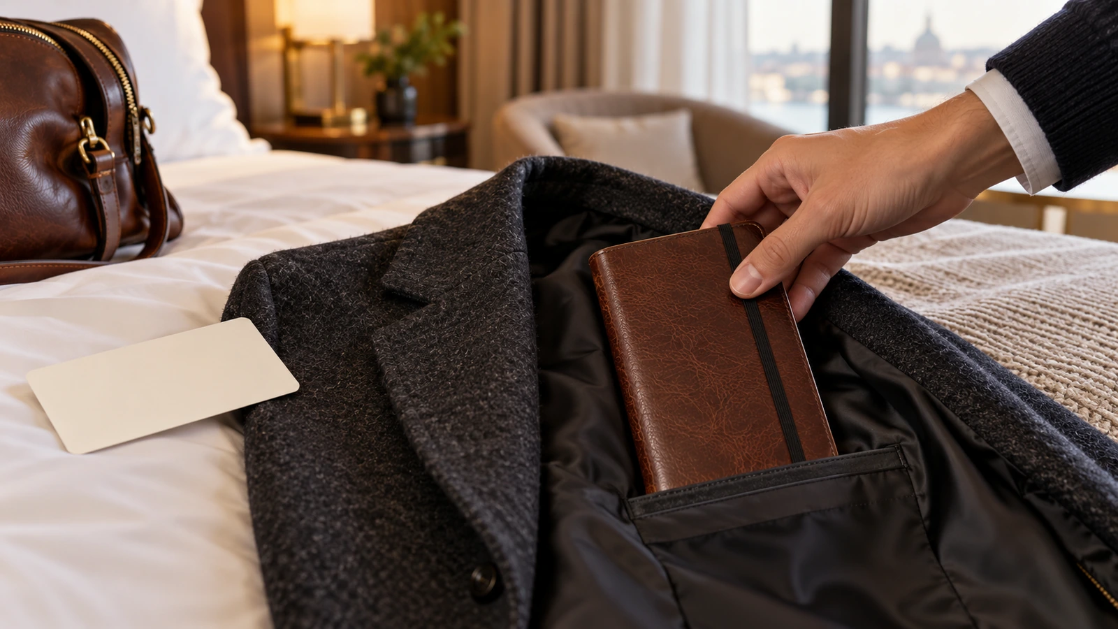 Jurnal kulit untuk perjalanan meluncur masuk ke saku dalam jaket di samping kartu kosong seukuran boarding pass, memperlihatkan format yang mudah dibawa